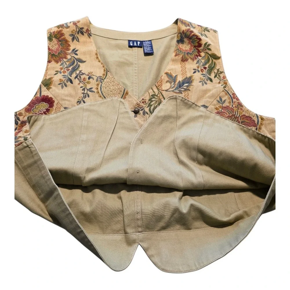 GAP Womens Floral Tapestry Vest Large Button Front V Neck Waist Tie Cottage Y2K‎